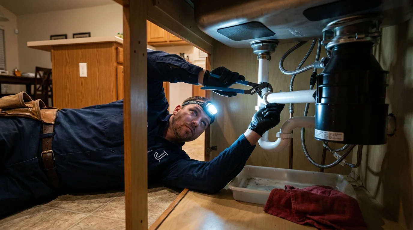 P-trap and supply line connections under a kitchen sink showing a common leak point in Smithfield, VA